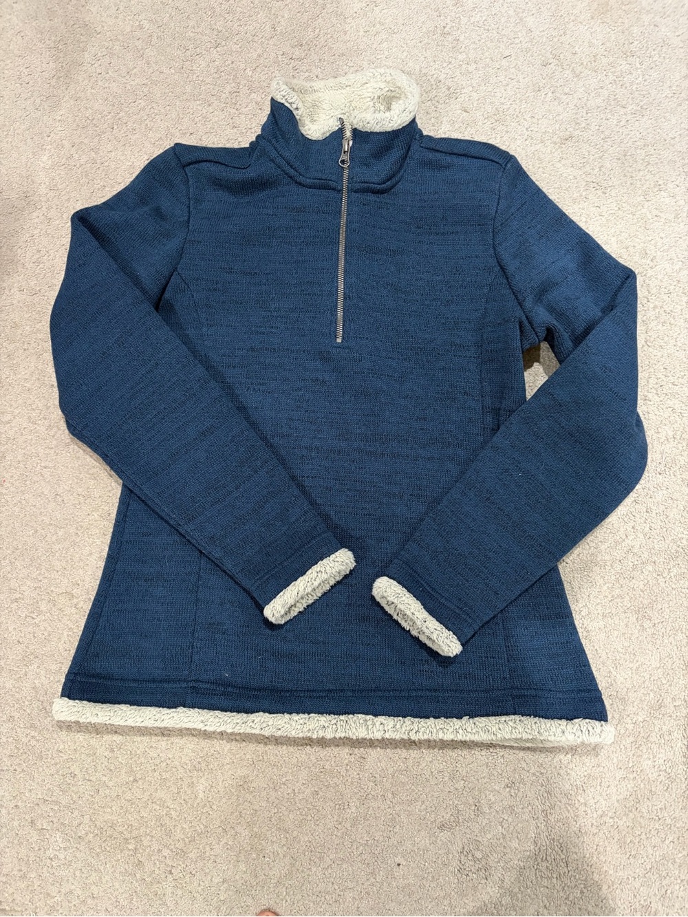 KUHL Womens Medium Blue, Quarter Zip Pullover Sweater Jacket, Sherpa Accents